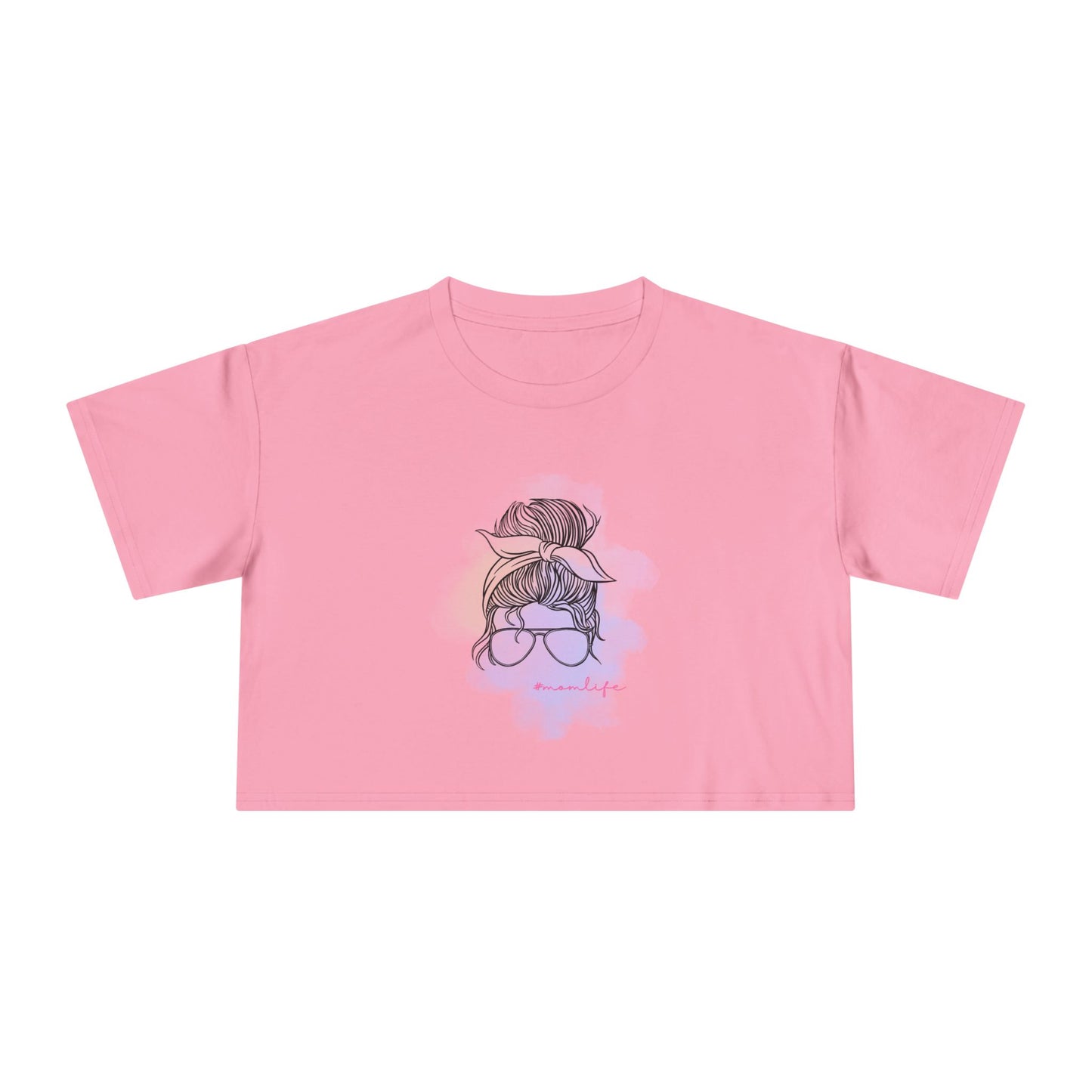 Women's Crop Tee with Messy Bun Sunglasses Mom Life Design | Stylish Casual Top, Summer Fashion, Gift for Her, Trendy Everyday Wear, Cute Graphic Tee