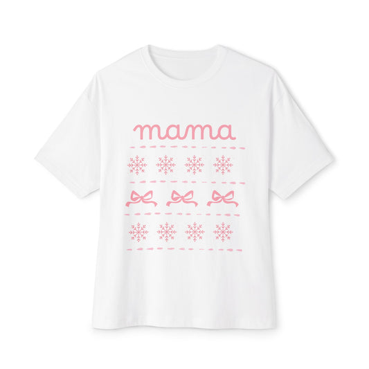 Mama Christmas Pink Bow Tee — Oversized Boxy Mom Shirt