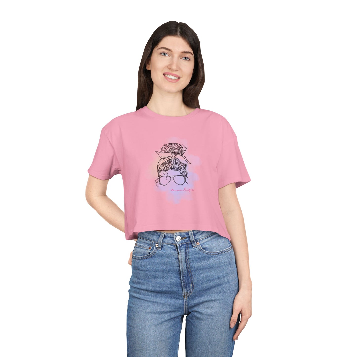 Women's Crop Tee with Messy Bun Sunglasses Mom Life Design | Stylish Casual Top, Summer Fashion, Gift for Her, Trendy Everyday Wear, Cute Graphic Tee
