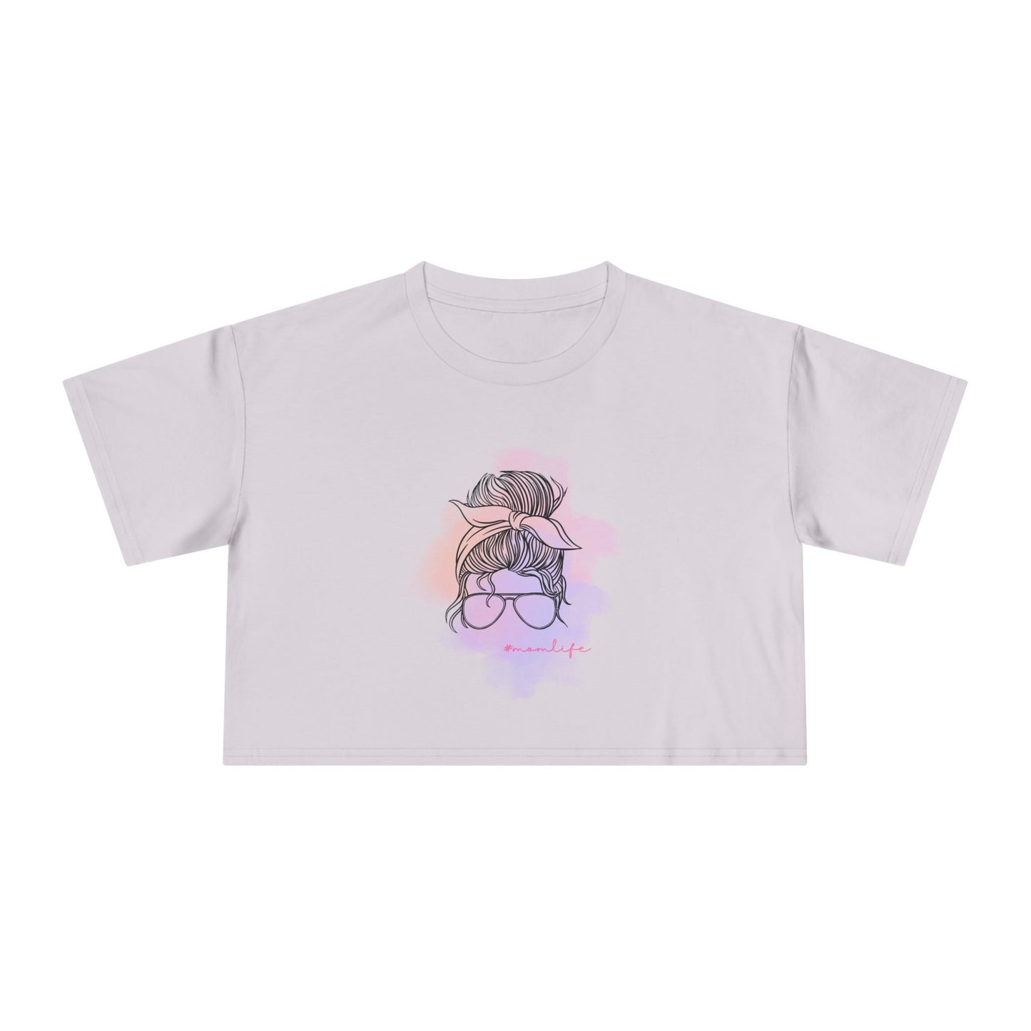 Women's Crop Tee with Messy Bun Sunglasses Mom Life Design | Stylish Casual Top, Summer Fashion, Gift for Her, Trendy Everyday Wear, Cute Graphic Tee