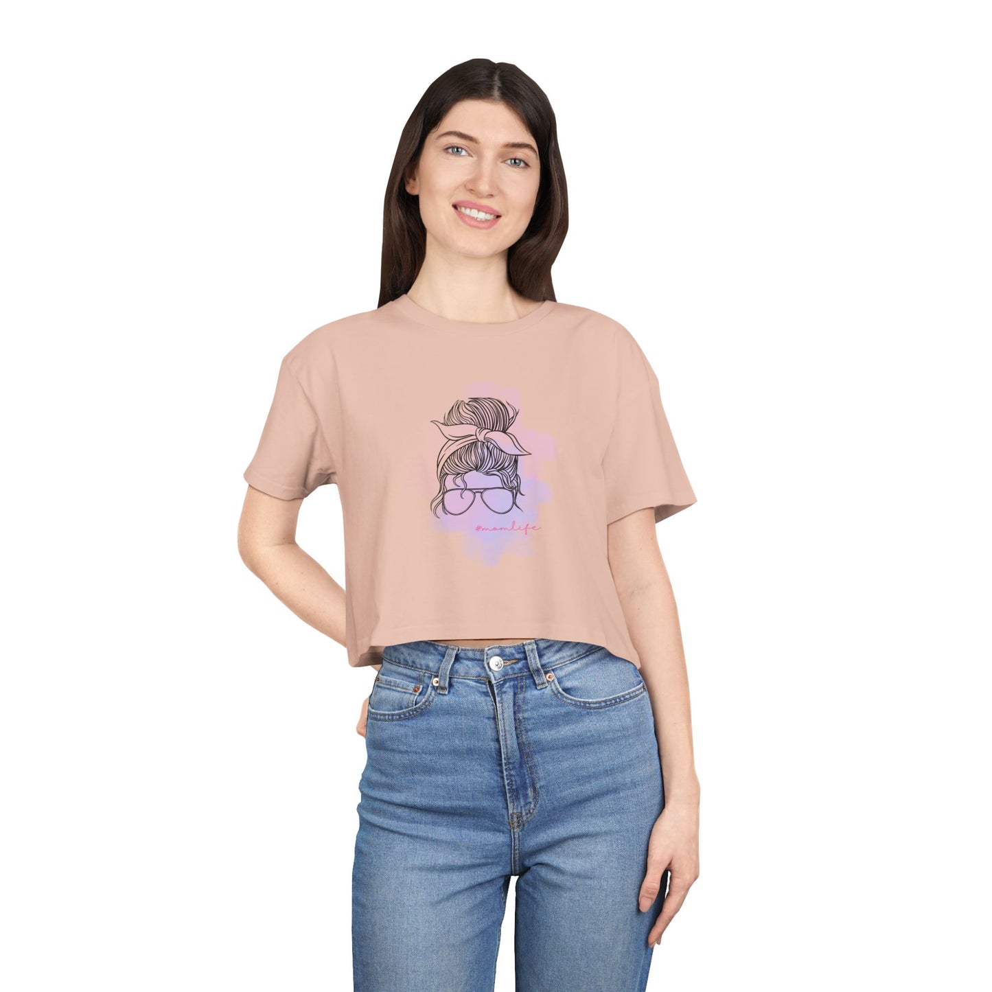 Women's Crop Tee with Messy Bun Sunglasses Mom Life Design | Stylish Casual Top, Summer Fashion, Gift for Her, Trendy Everyday Wear, Cute Graphic Tee