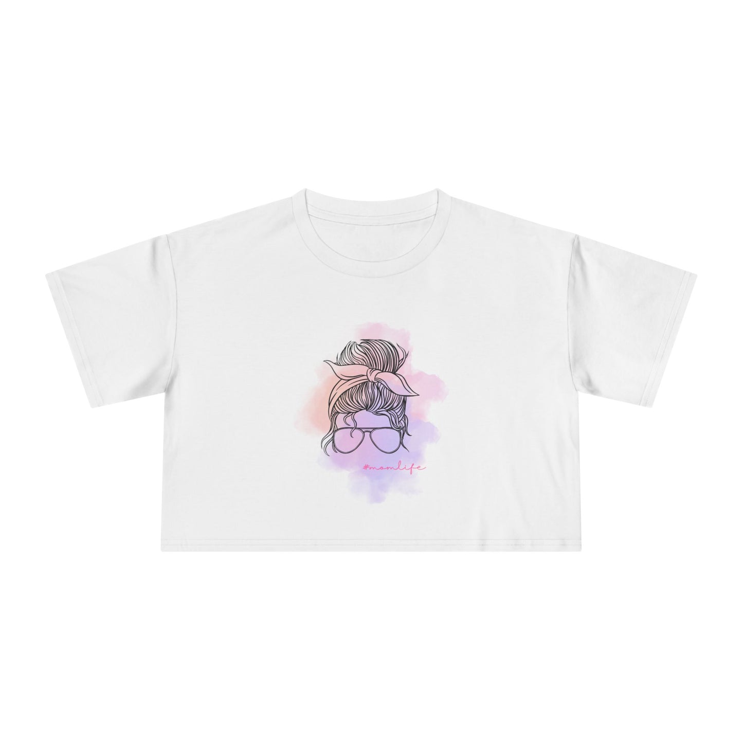Women's Crop Tee with Messy Bun Sunglasses Mom Life Design | Stylish Casual Top, Summer Fashion, Gift for Her, Trendy Everyday Wear, Cute Graphic Tee