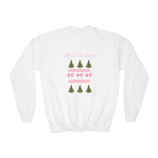 Merry Christmas Pink Ribbon and Trees Crewneck Sweatshirt