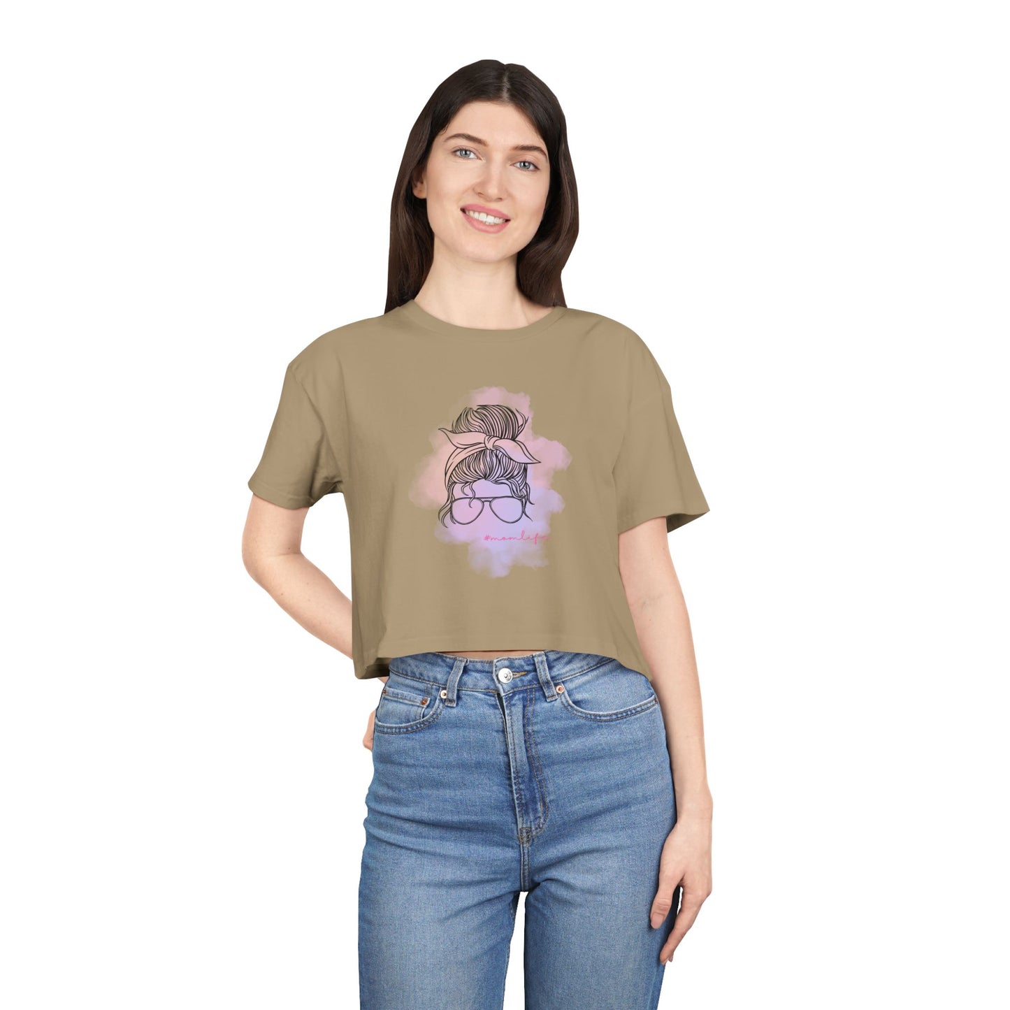Women's Crop Tee with Messy Bun Sunglasses Mom Life Design | Stylish Casual Top, Summer Fashion, Gift for Her, Trendy Everyday Wear, Cute Graphic Tee