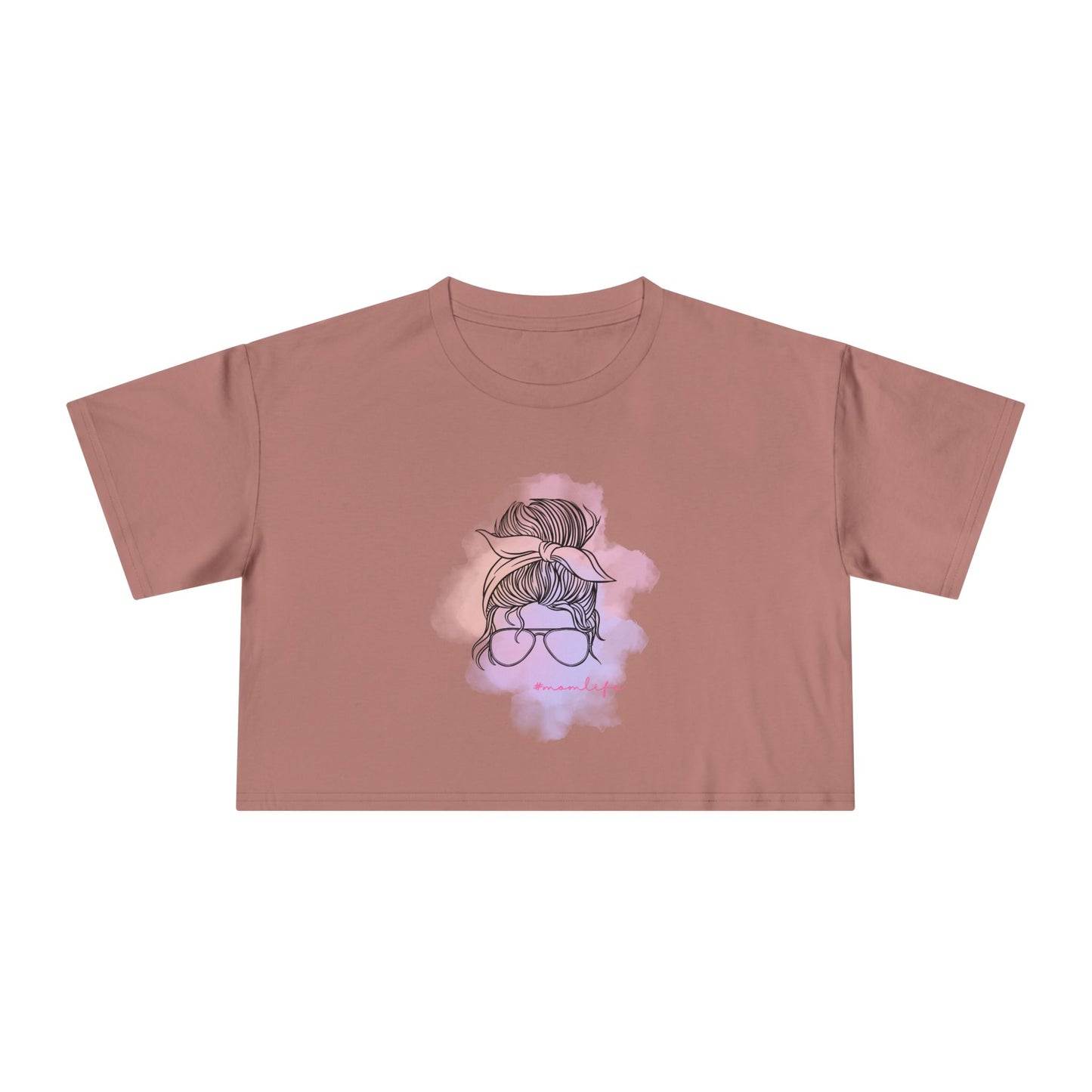 Women's Crop Tee with Messy Bun Sunglasses Mom Life Design | Stylish Casual Top, Summer Fashion, Gift for Her, Trendy Everyday Wear, Cute Graphic Tee
