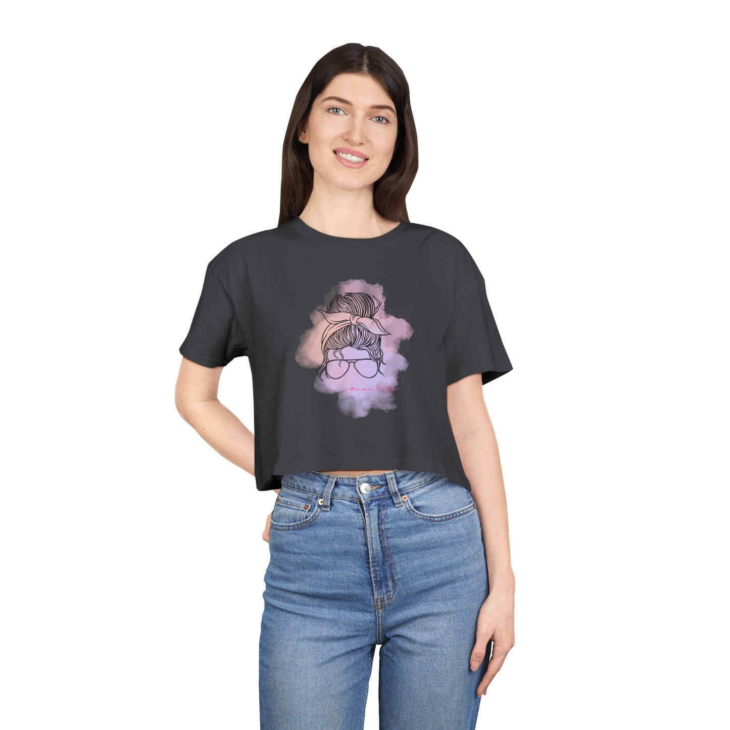 Women's Crop Tee with Messy Bun Sunglasses Mom Life Design | Stylish Casual Top, Summer Fashion, Gift for Her, Trendy Everyday Wear, Cute Graphic Tee