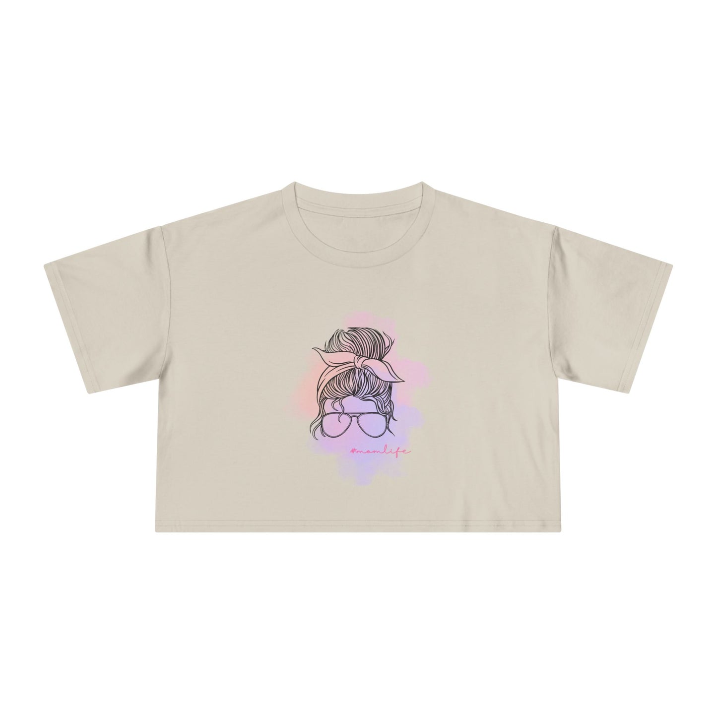 Women's Crop Tee with Messy Bun Sunglasses Mom Life Design | Stylish Casual Top, Summer Fashion, Gift for Her, Trendy Everyday Wear, Cute Graphic Tee