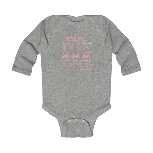 Mini Christmas Infant Bodysuit - Pink Snowflake and Bow Baby Onesie (Long Sleeve)