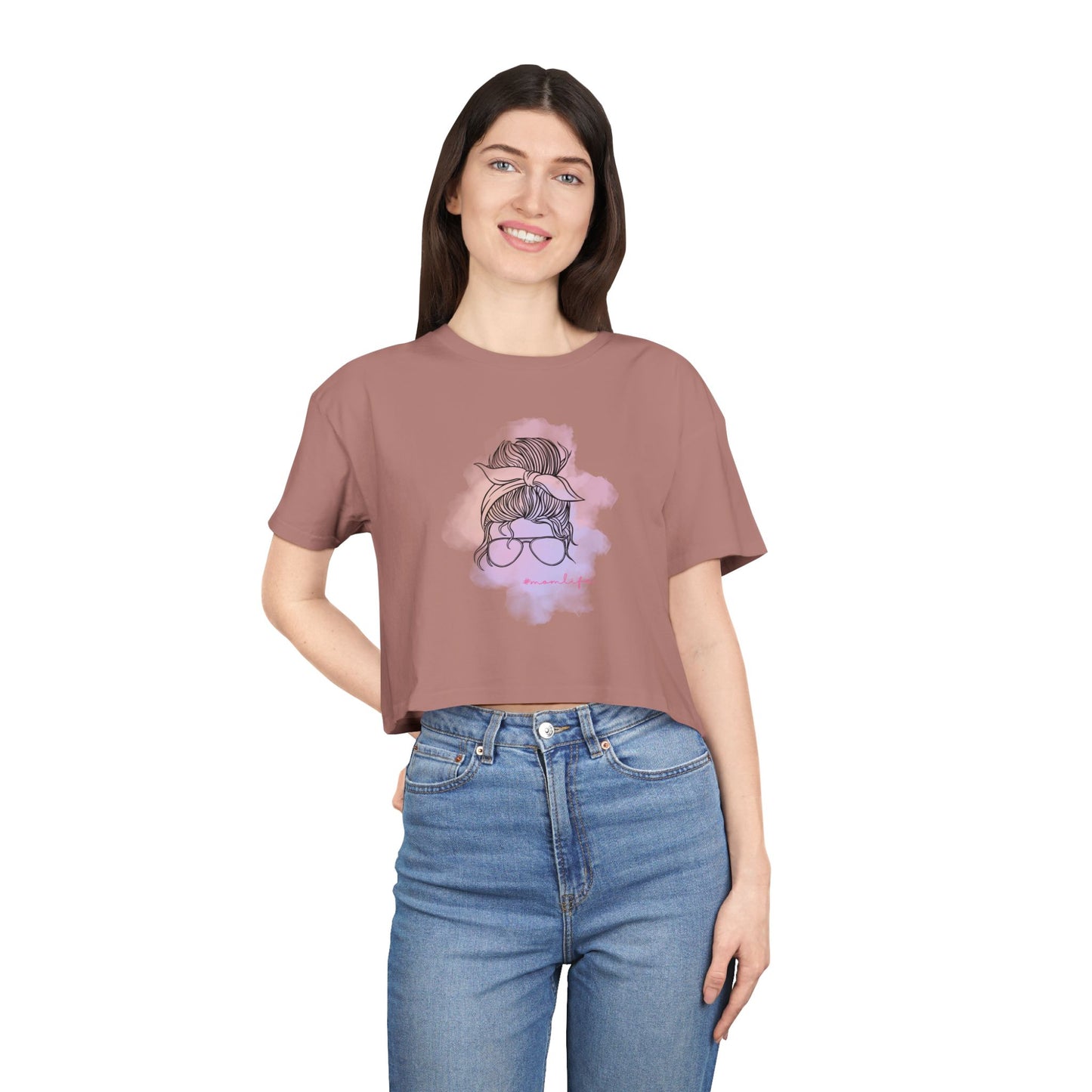 Women's Crop Tee with Messy Bun Sunglasses Mom Life Design | Stylish Casual Top, Summer Fashion, Gift for Her, Trendy Everyday Wear, Cute Graphic Tee