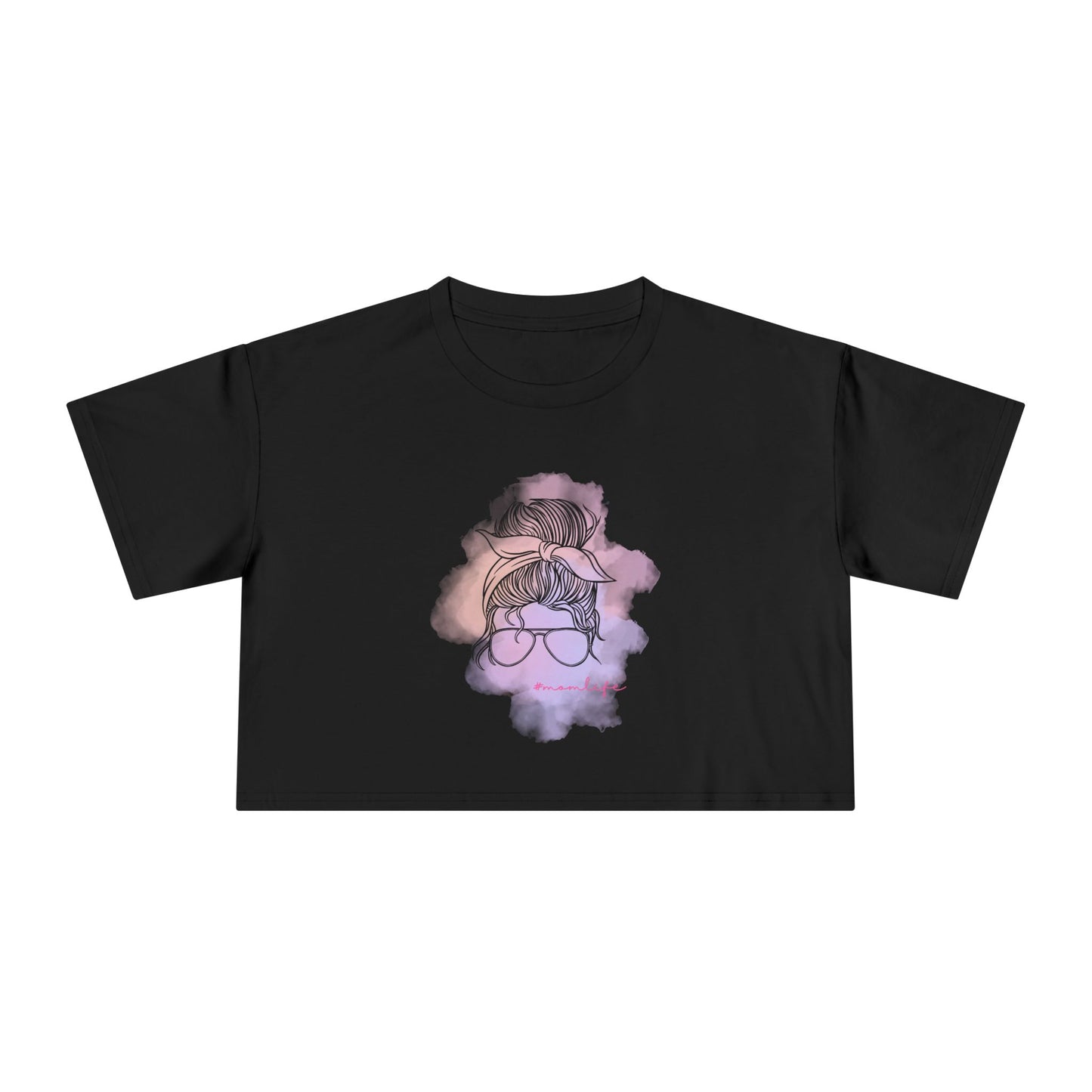 Women's Crop Tee with Messy Bun Sunglasses Mom Life Design | Stylish Casual Top, Summer Fashion, Gift for Her, Trendy Everyday Wear, Cute Graphic Tee