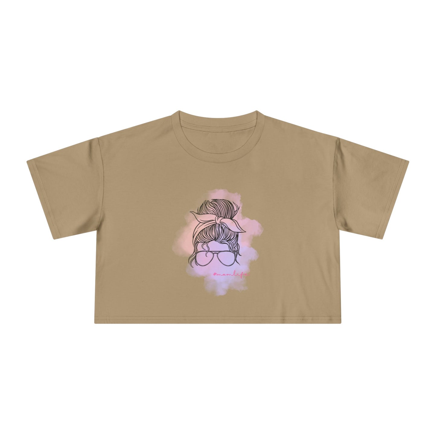 Women's Crop Tee with Messy Bun Sunglasses Mom Life Design | Stylish Casual Top, Summer Fashion, Gift for Her, Trendy Everyday Wear, Cute Graphic Tee