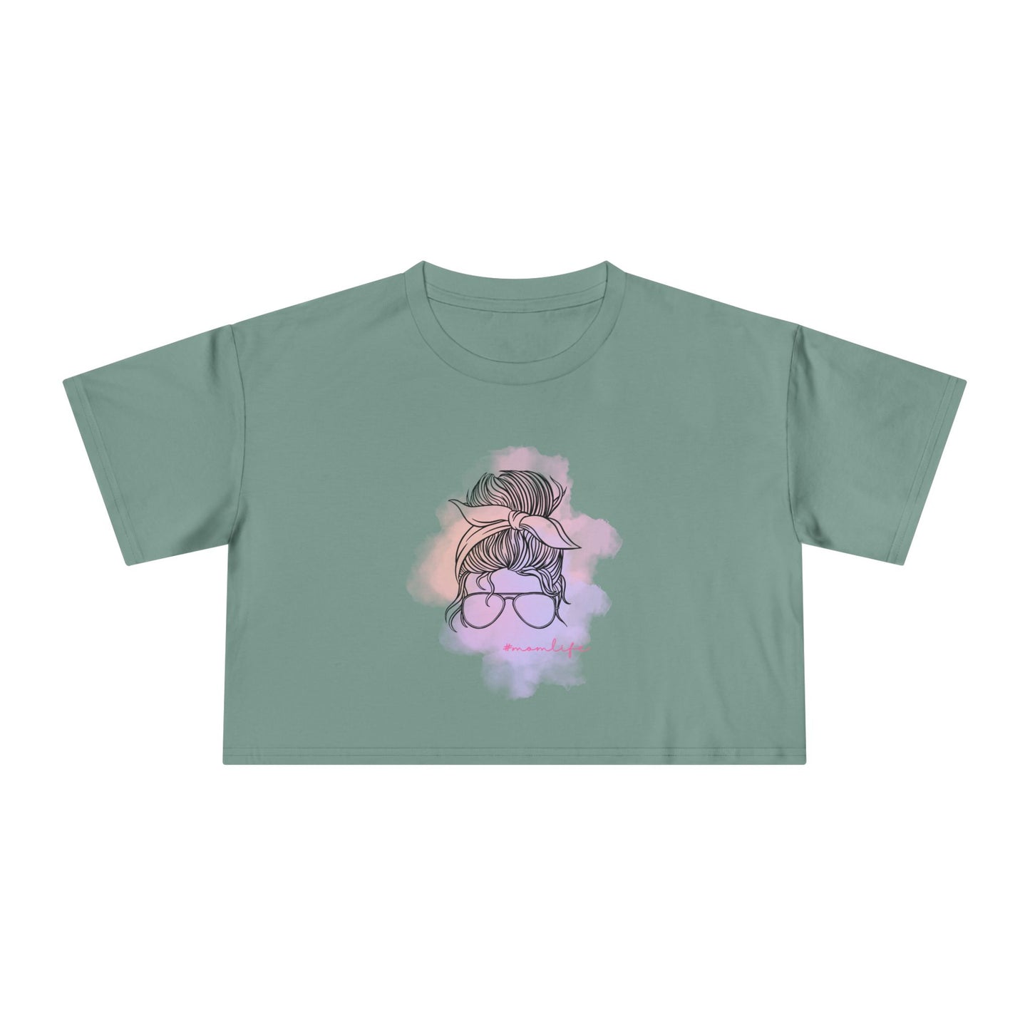 Women's Crop Tee with Messy Bun Sunglasses Mom Life Design | Stylish Casual Top, Summer Fashion, Gift for Her, Trendy Everyday Wear, Cute Graphic Tee