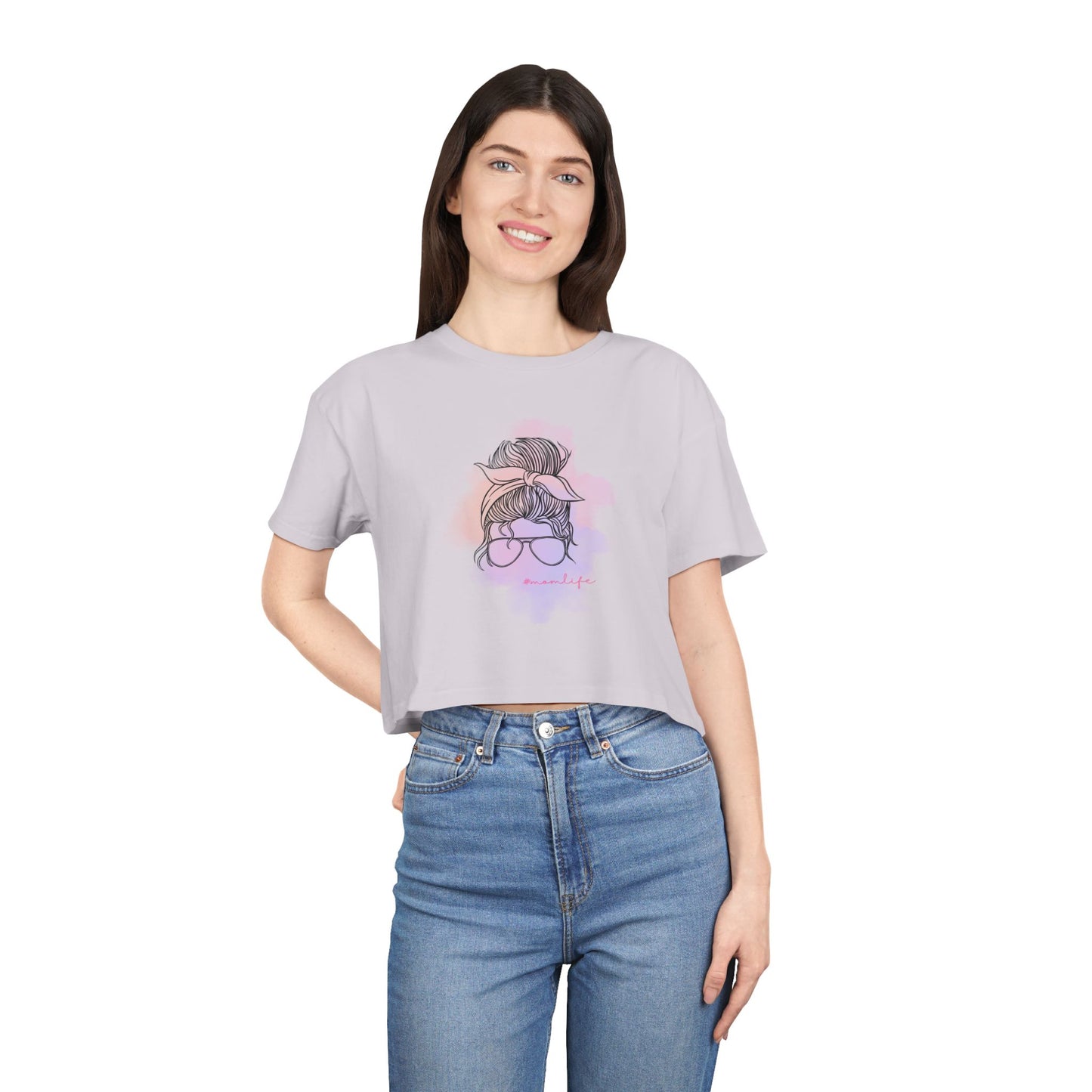 Women's Crop Tee with Messy Bun Sunglasses Mom Life Design | Stylish Casual Top, Summer Fashion, Gift for Her, Trendy Everyday Wear, Cute Graphic Tee