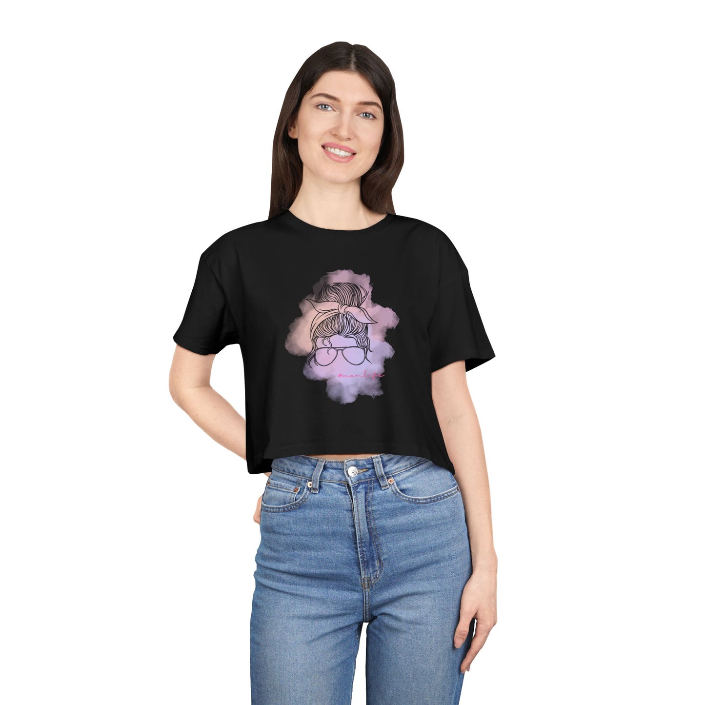 Women's Crop Tee with Messy Bun Sunglasses Mom Life Design | Stylish Casual Top, Summer Fashion, Gift for Her, Trendy Everyday Wear, Cute Graphic Tee