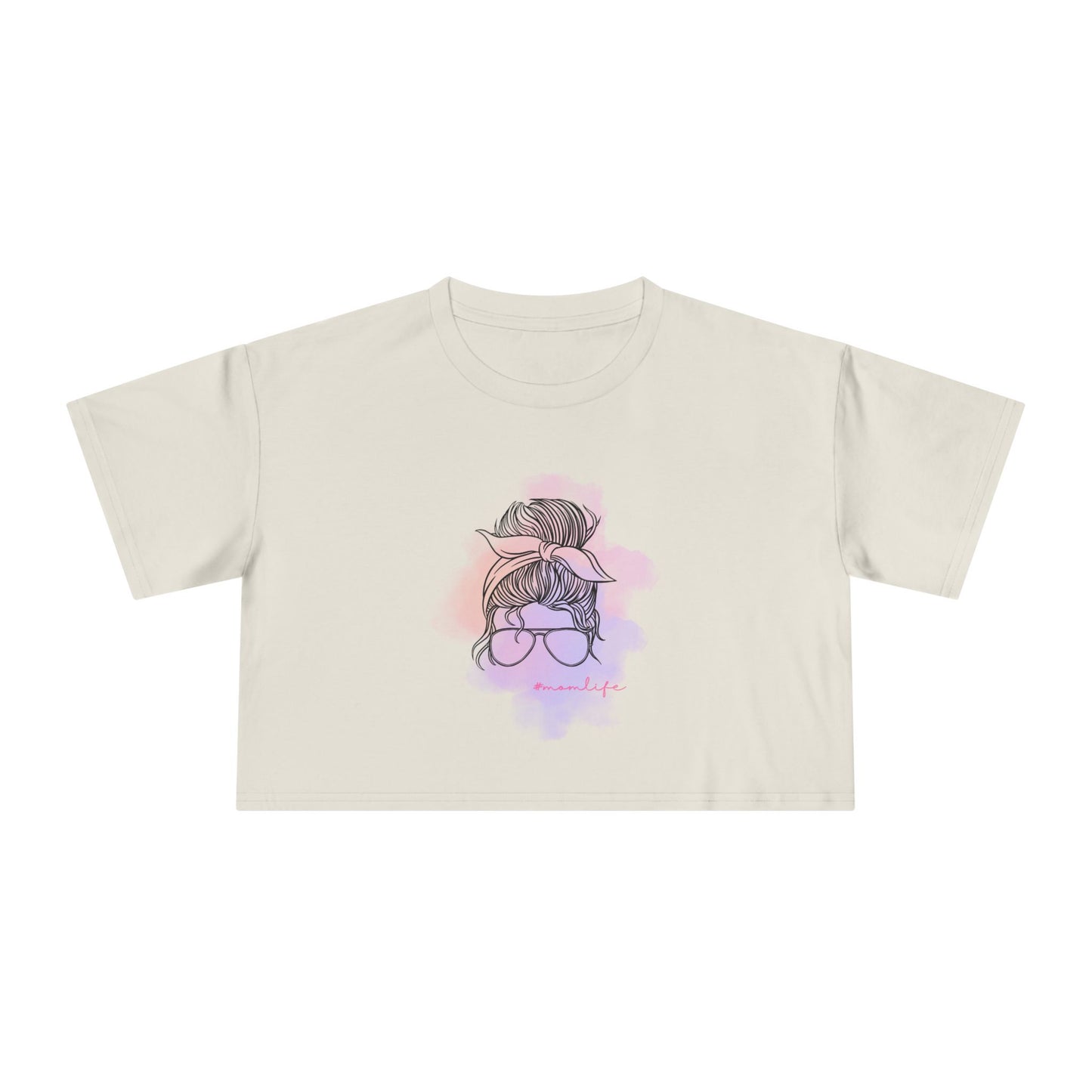 Women's Crop Tee with Messy Bun Sunglasses Mom Life Design | Stylish Casual Top, Summer Fashion, Gift for Her, Trendy Everyday Wear, Cute Graphic Tee