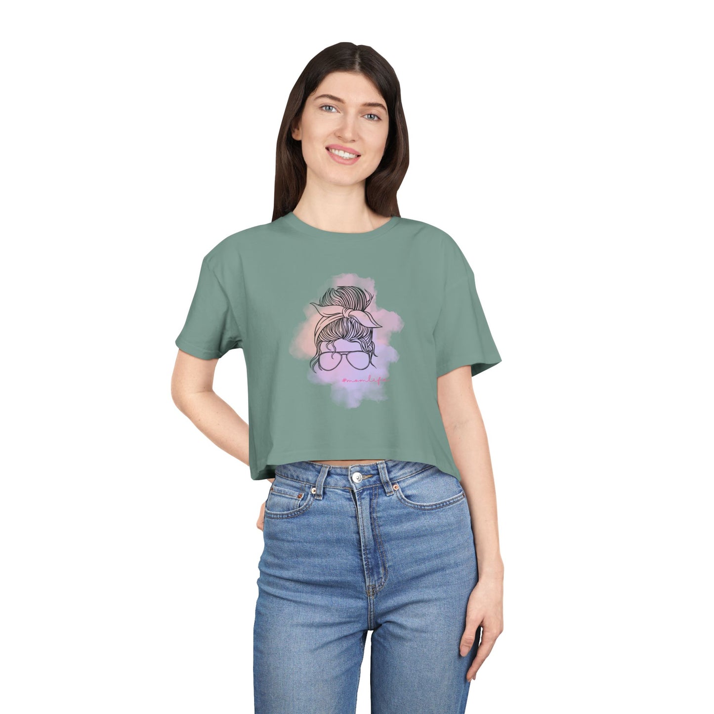 Women's Crop Tee with Messy Bun Sunglasses Mom Life Design | Stylish Casual Top, Summer Fashion, Gift for Her, Trendy Everyday Wear, Cute Graphic Tee