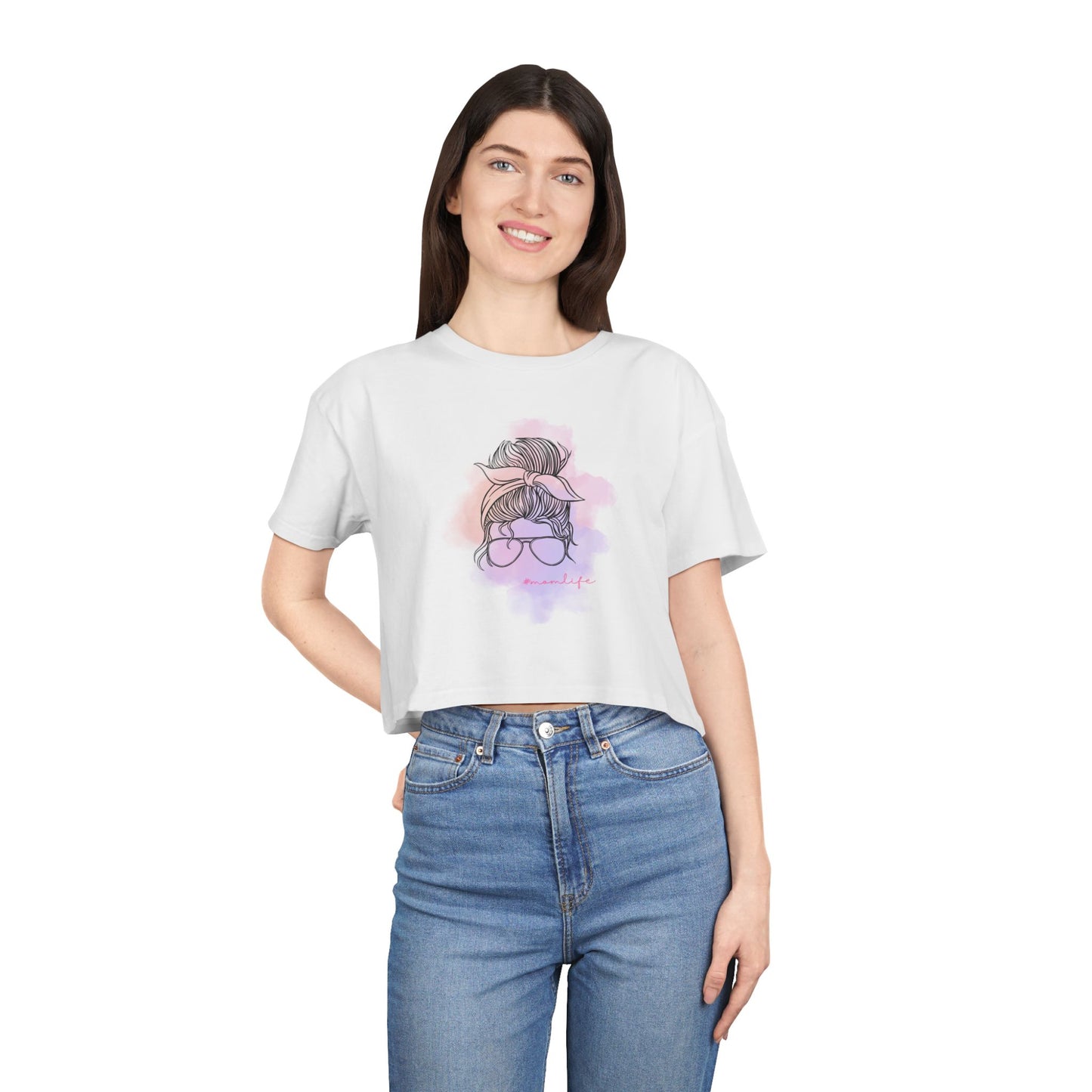 Women's Crop Tee with Messy Bun Sunglasses Mom Life Design | Stylish Casual Top, Summer Fashion, Gift for Her, Trendy Everyday Wear, Cute Graphic Tee