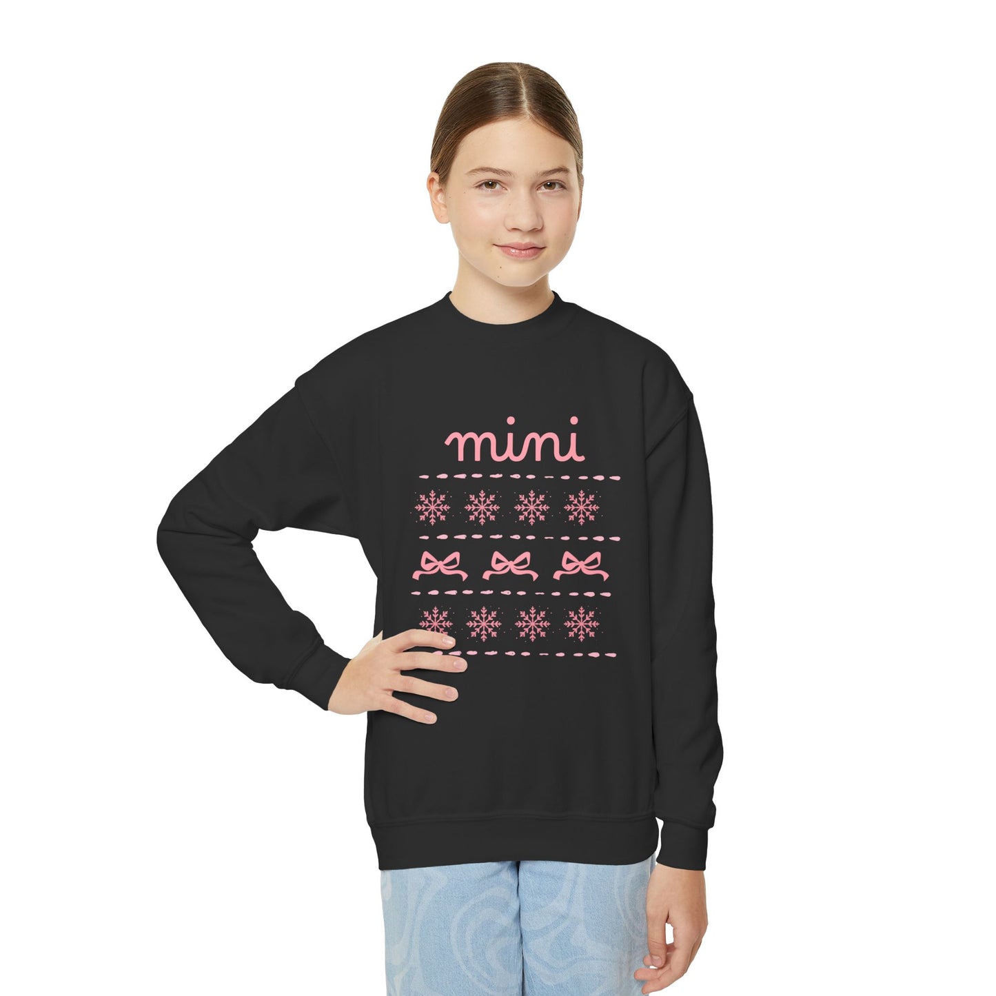 Mini Christmas Kids Crewneck Sweatshirt — Pink Snowflake & Bow Kids Sweatshirt
