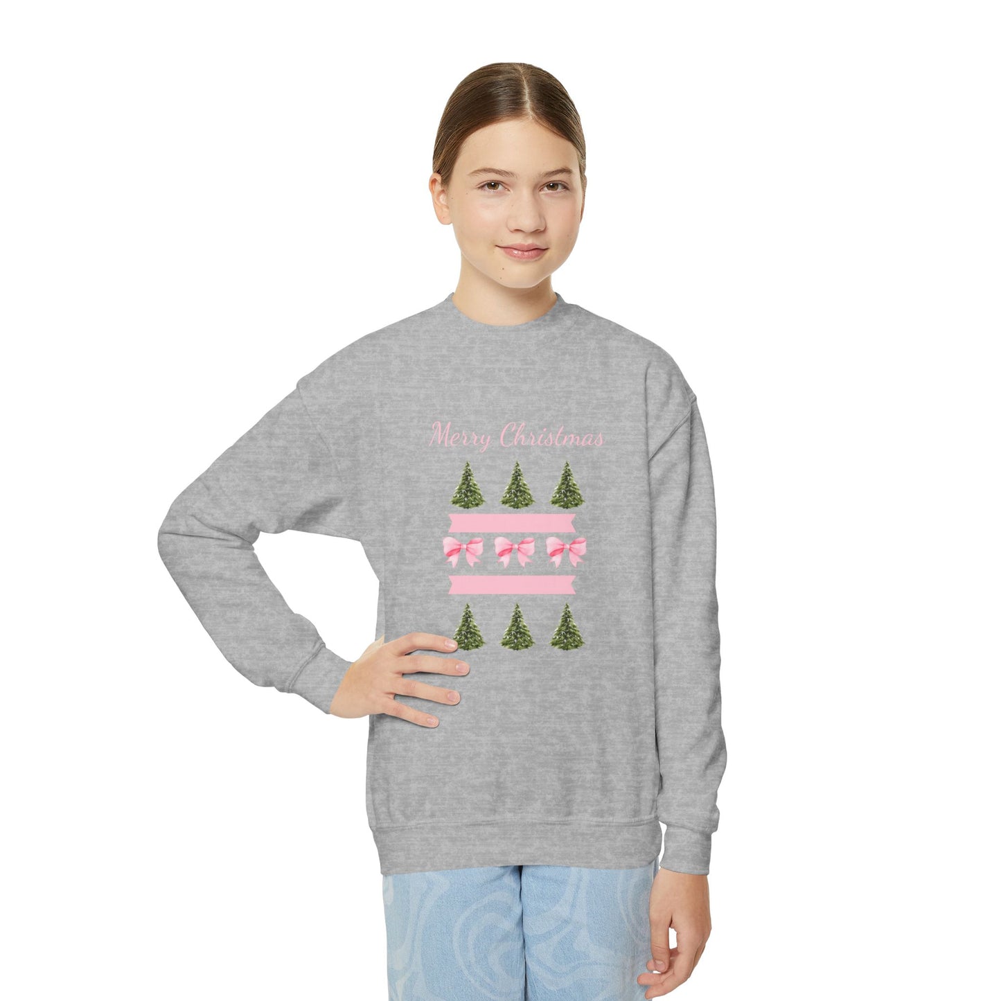 Merry Christmas Pink Ribbon and Trees Crewneck Sweatshirt