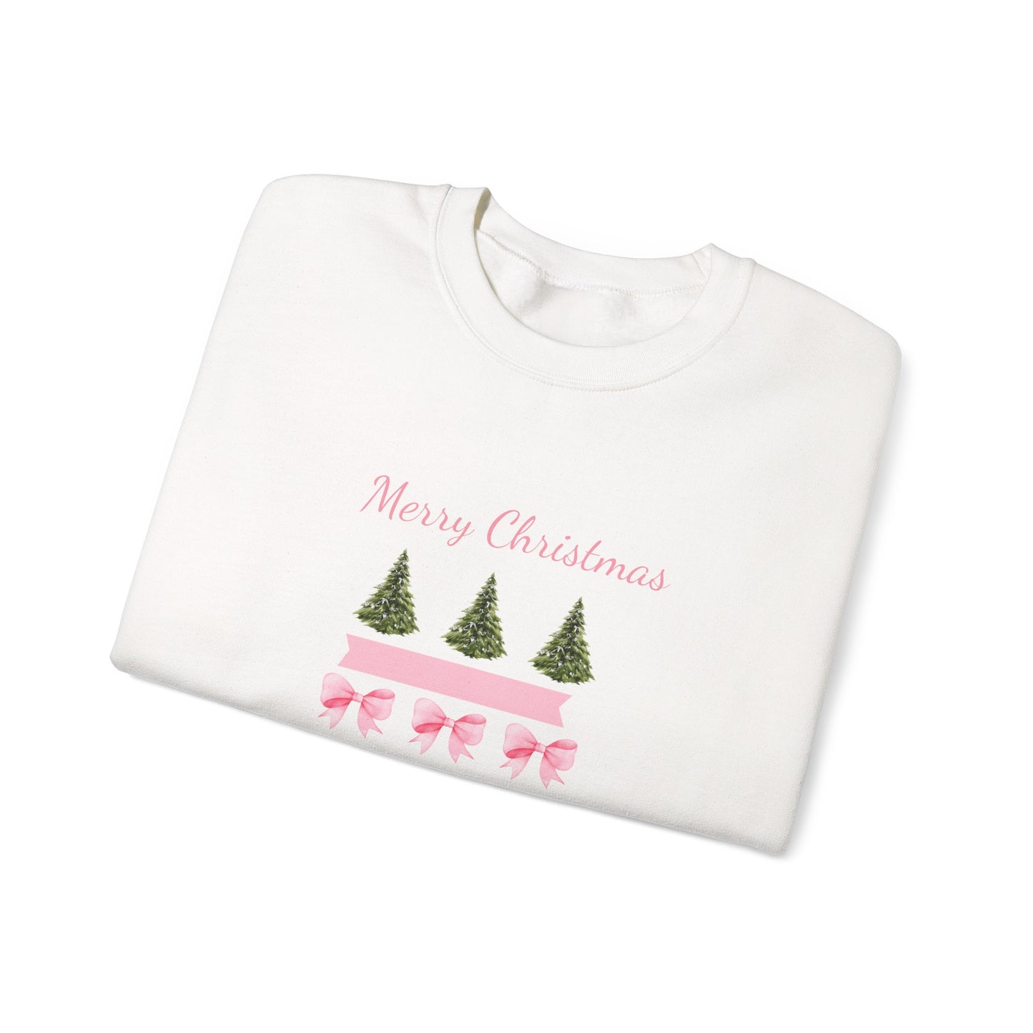 Merry Christmas Pink Ribbon & Trees Crewneck Sweatshirt