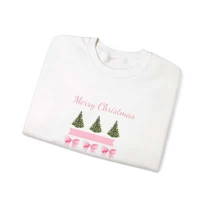 Merry Christmas Pink Ribbon & Trees Crewneck Sweatshirt
