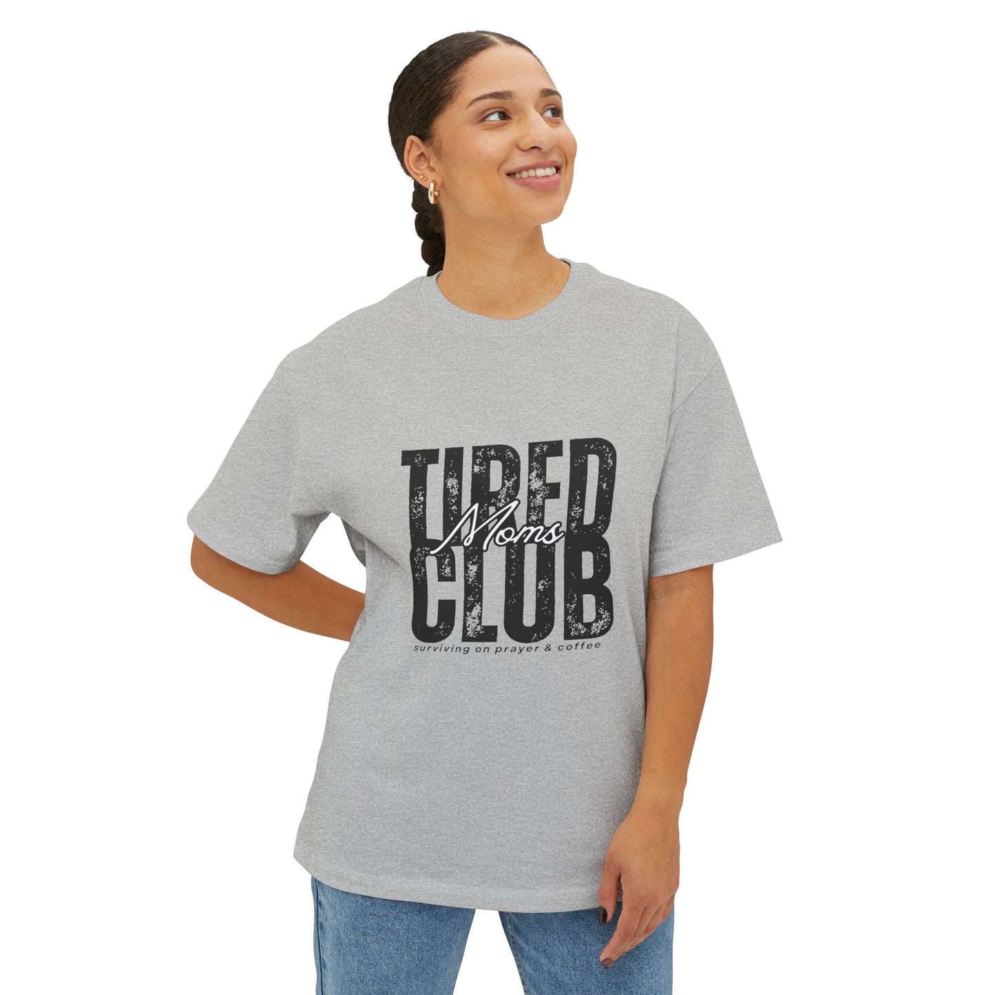 Tired Moms Club Graphic Tee — Vintage Distressed Oversized Boxy Shirt