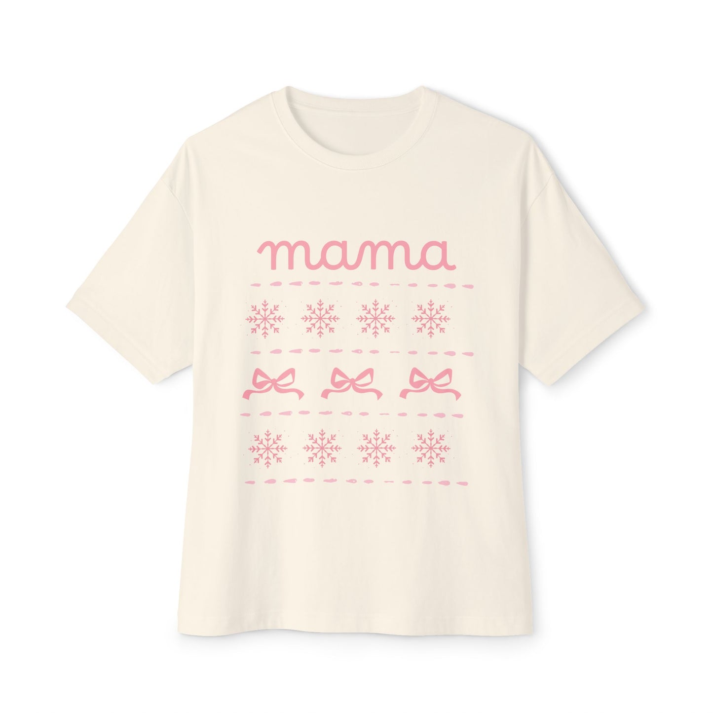 Mama Christmas Pink Bow Tee — Oversized Boxy Mom Shirt