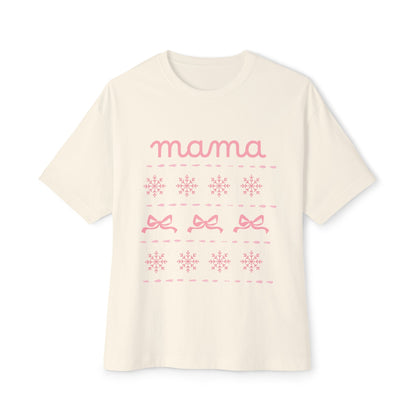 Mama Christmas Pink Bow Tee — Oversized Boxy Mom Shirt