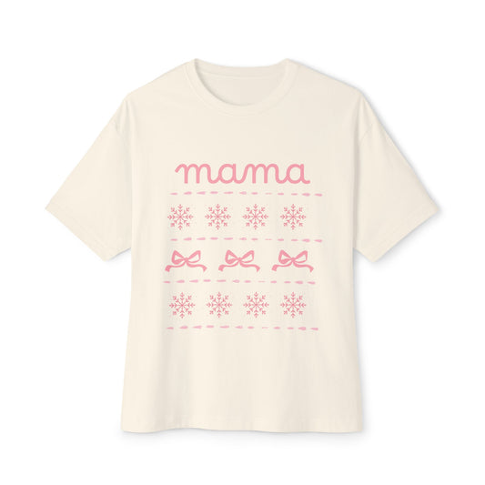 Mama Christmas Pink Bow Tee — Oversized Boxy Mom Shirt