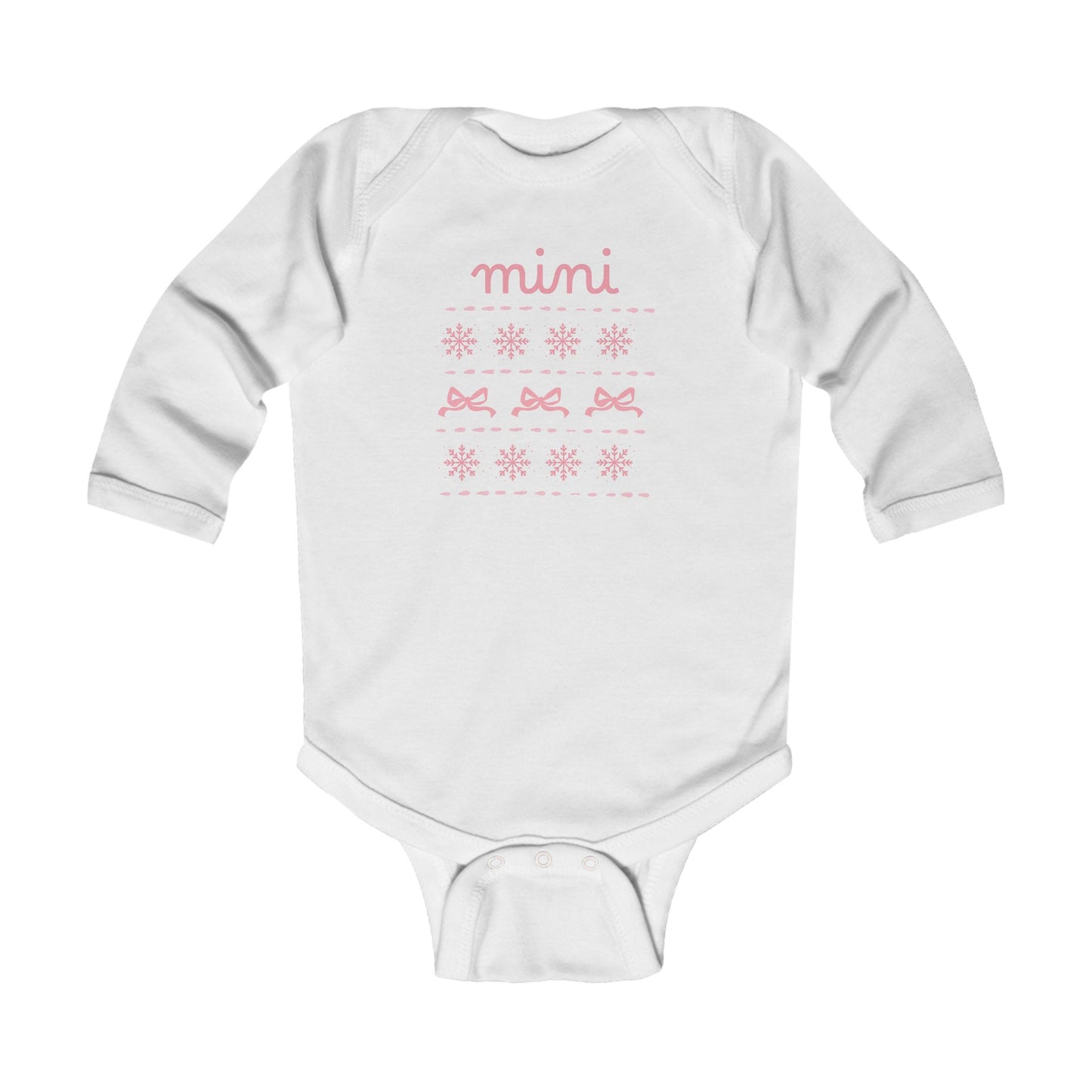 Mini Christmas Infant Bodysuit - Pink Snowflake and Bow Baby Onesie (Long Sleeve)