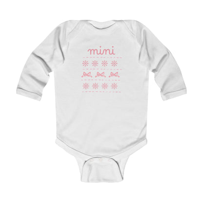 Mini Christmas Infant Bodysuit - Pink Snowflake and Bow Baby Onesie (Long Sleeve)