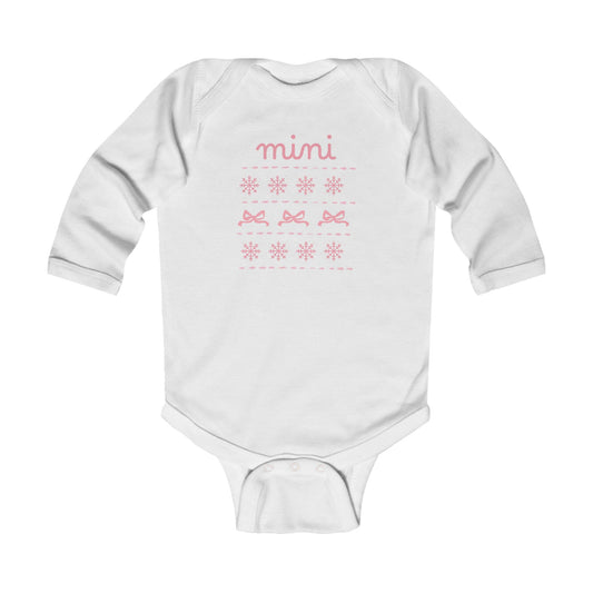 Mini Christmas Infant Bodysuit - Pink Snowflake and Bow Baby Onesie (Long Sleeve)