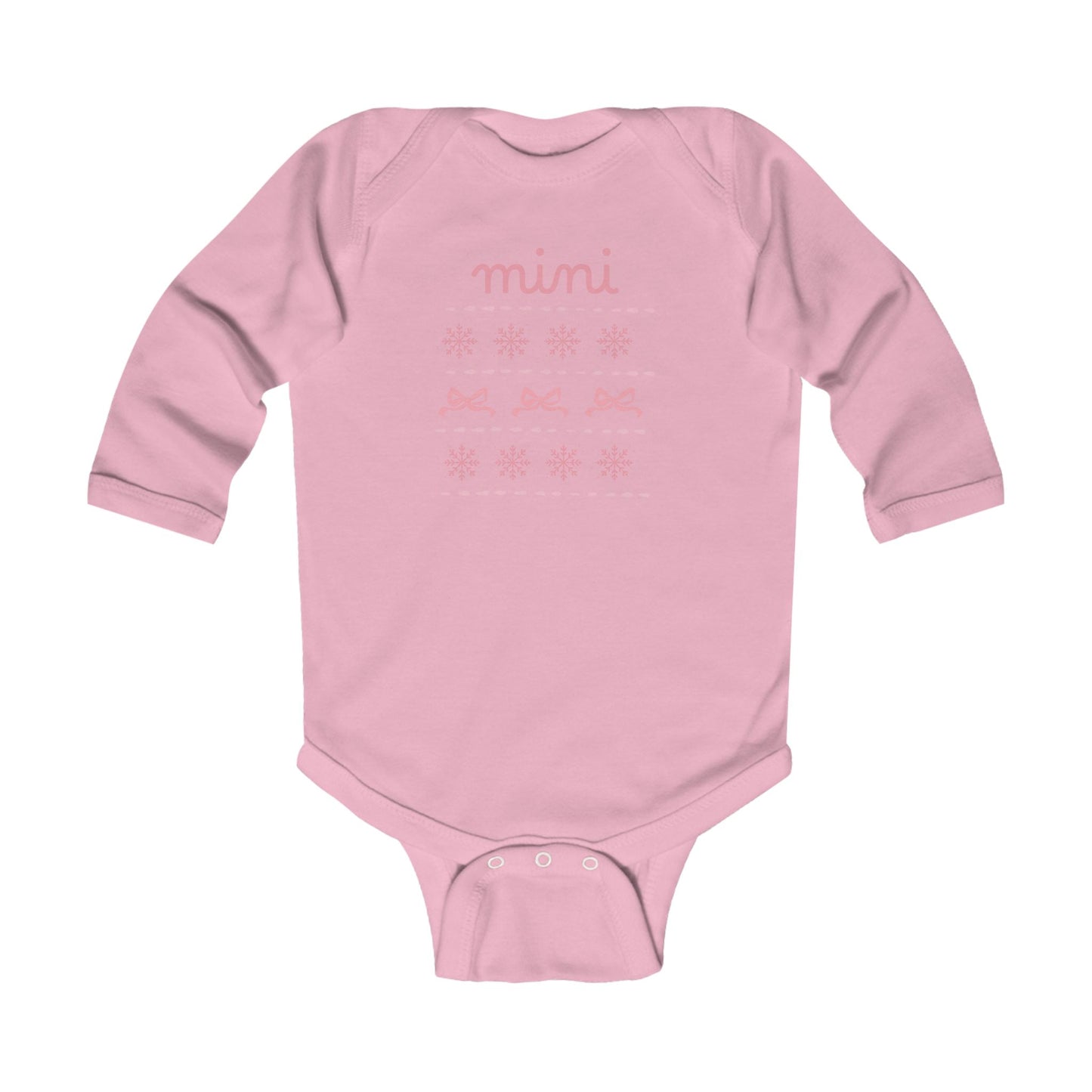 Mini Christmas Infant Bodysuit - Pink Snowflake and Bow Baby Onesie (Long Sleeve)