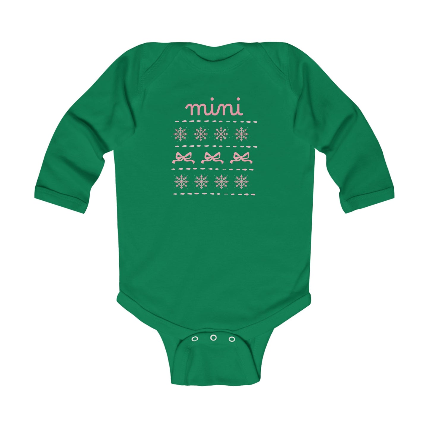 Mini Christmas Infant Bodysuit - Pink Snowflake and Bow Baby Onesie (Long Sleeve)