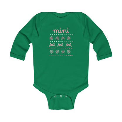 Mini Christmas Infant Bodysuit - Pink Snowflake and Bow Baby Onesie (Long Sleeve)