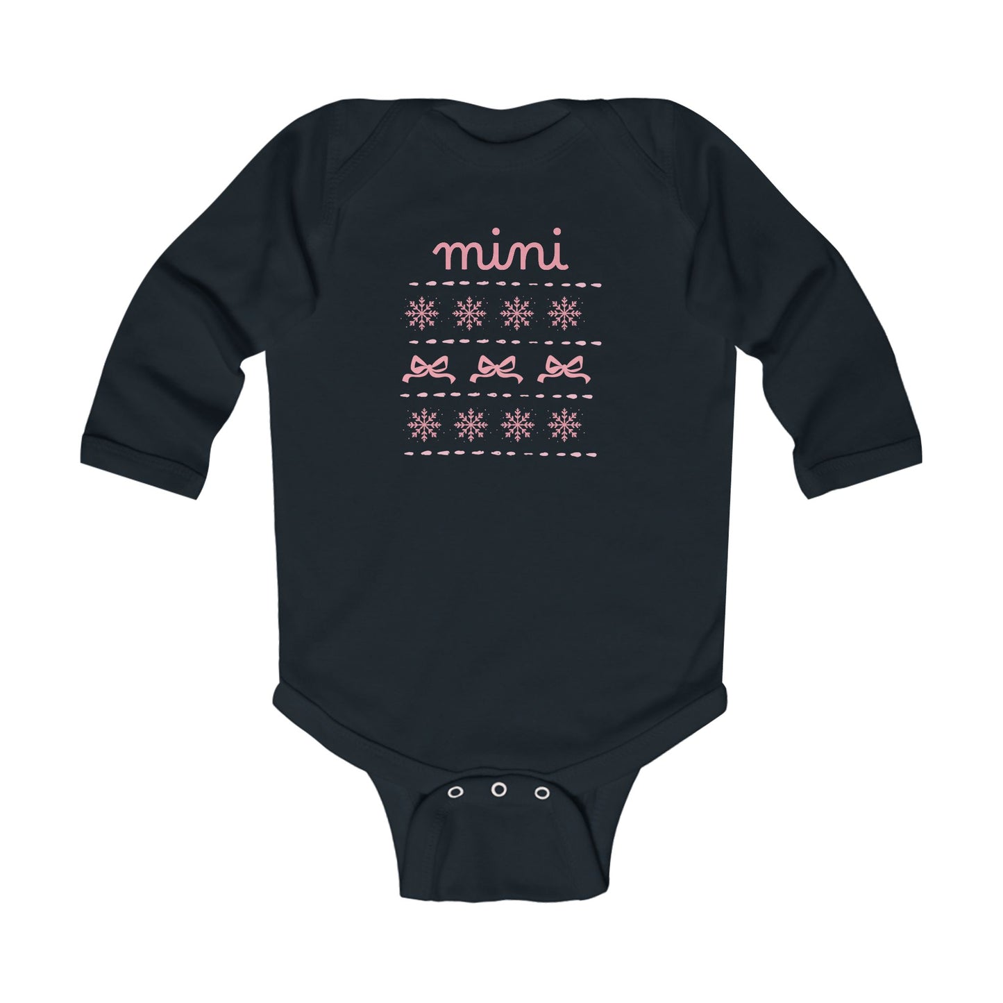 Mini Christmas Infant Bodysuit - Pink Snowflake and Bow Baby Onesie (Long Sleeve)