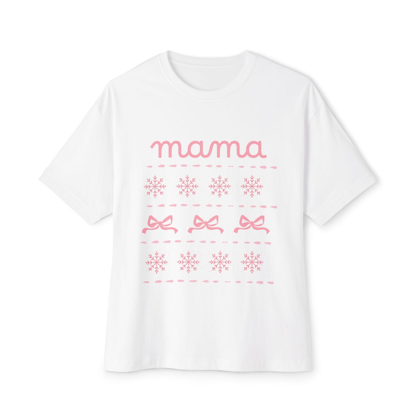 Mama Christmas Pink Bow Tee — Oversized Boxy Mom Shirt