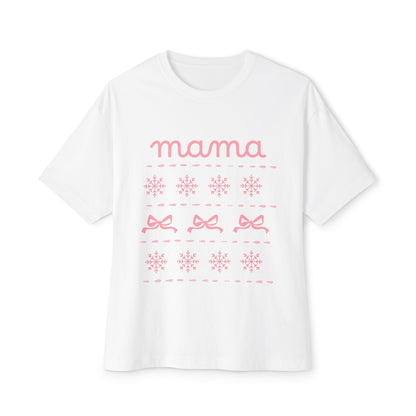 Mama Christmas Pink Bow Tee — Oversized Boxy Mom Shirt
