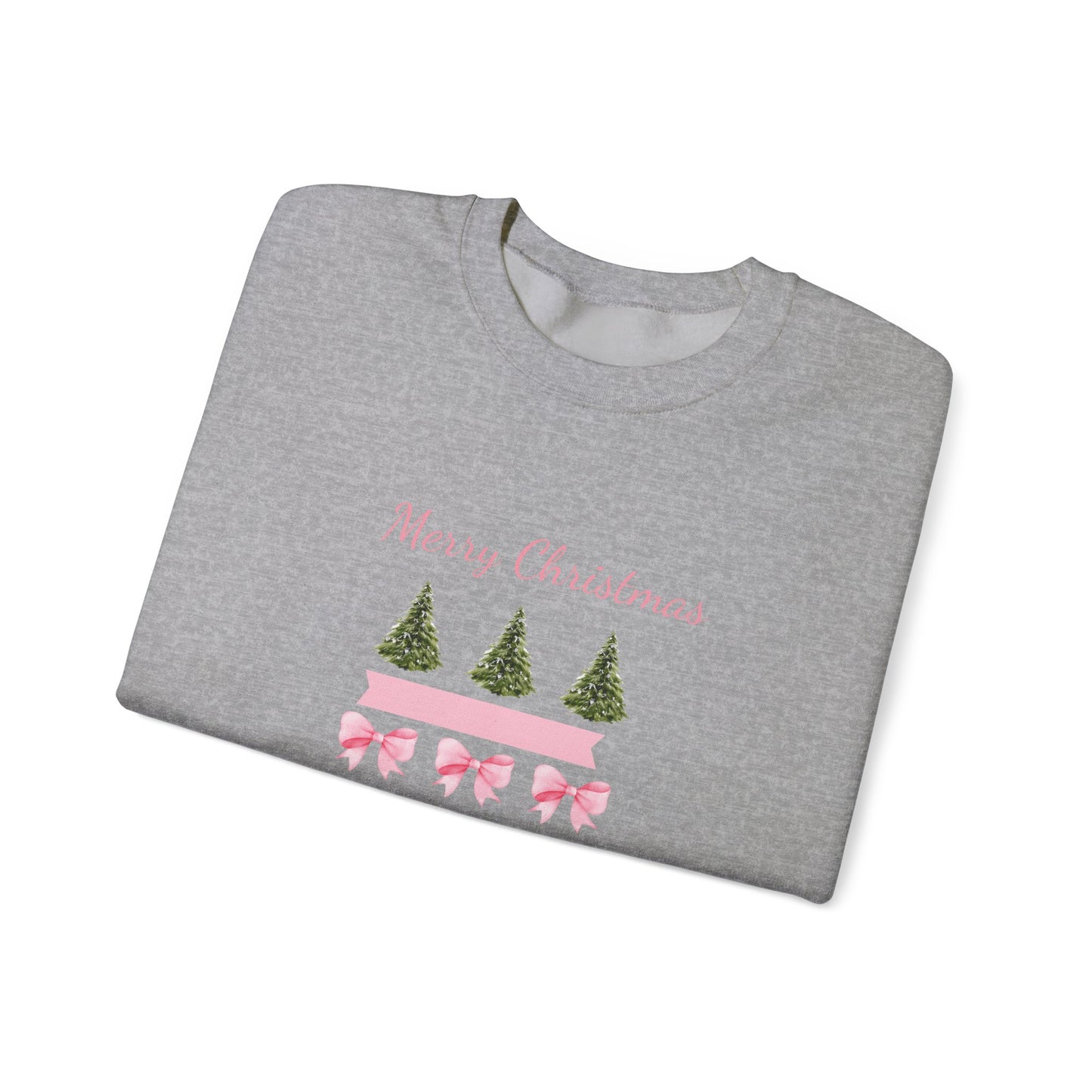Merry Christmas Pink Ribbon & Trees Crewneck Sweatshirt