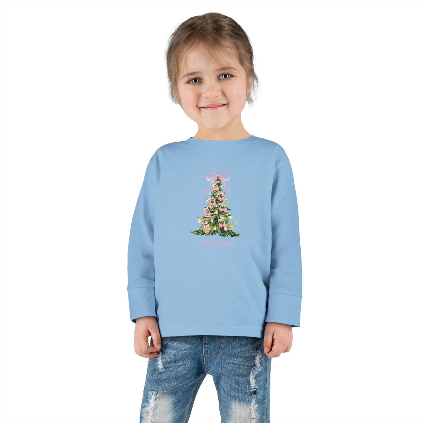 Christmas Tree Pink Cherry Bows Toddler Long Sleeve Tee