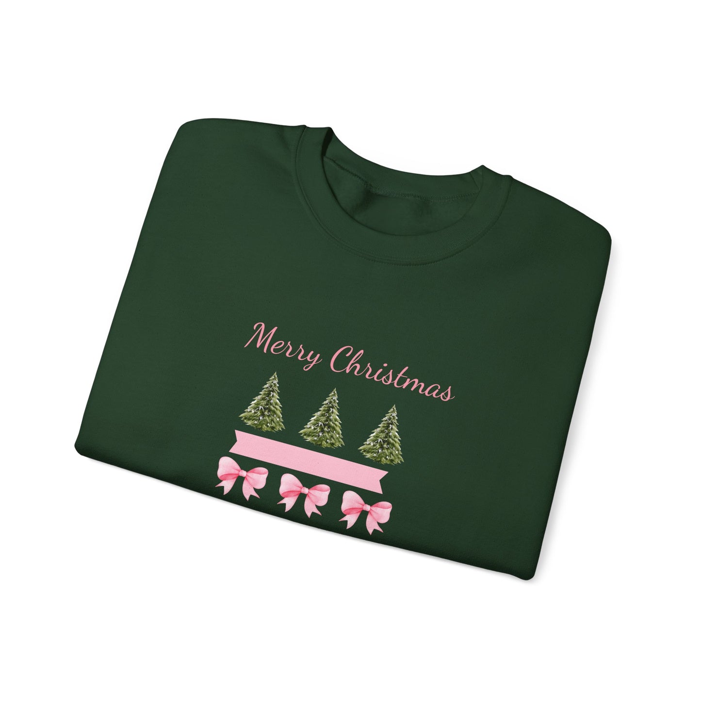 Merry Christmas Pink Ribbon & Trees Crewneck Sweatshirt
