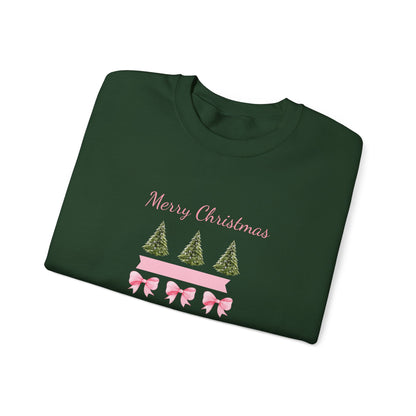 Merry Christmas Pink Ribbon & Trees Crewneck Sweatshirt