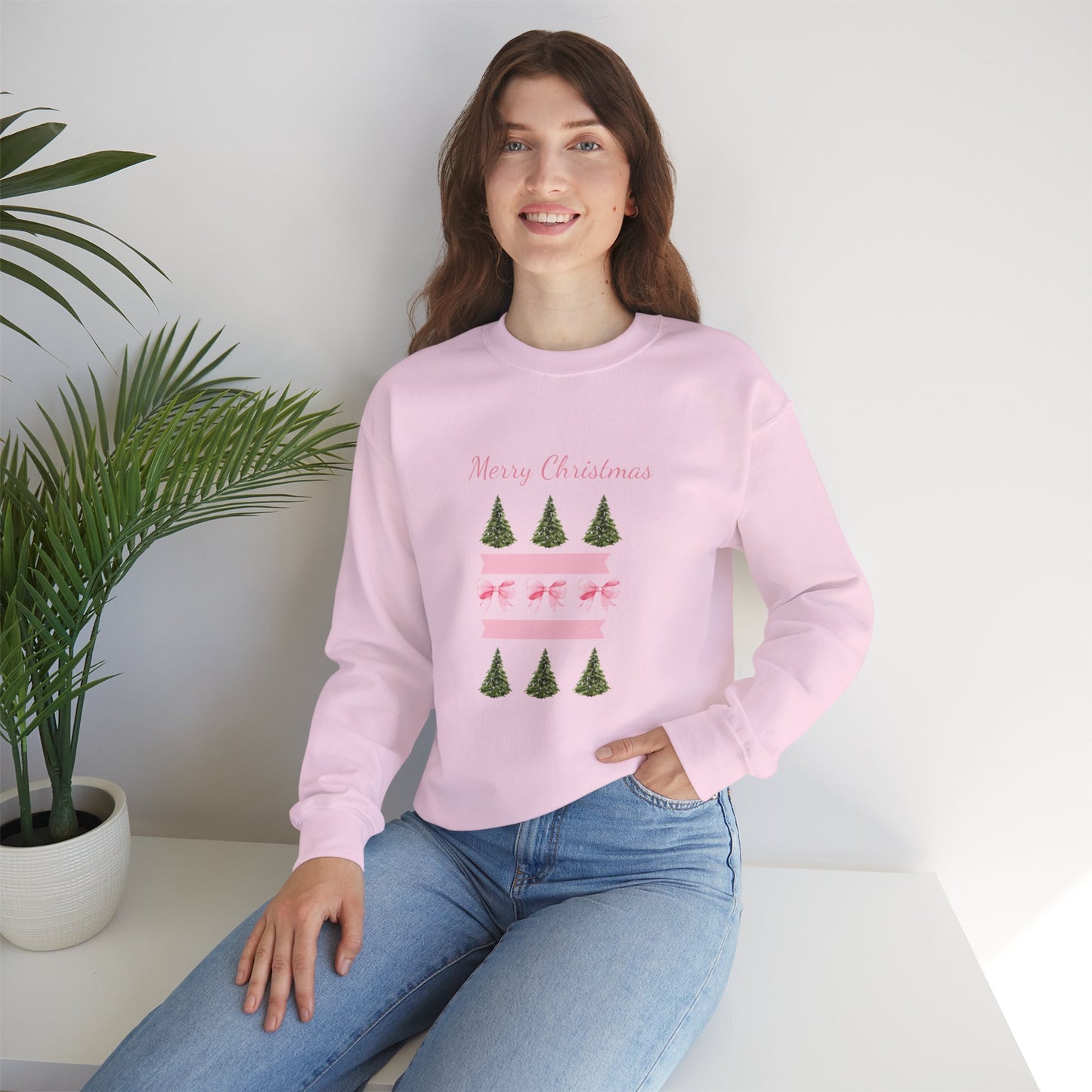 Merry Christmas Pink Ribbon & Trees Crewneck Sweatshirt