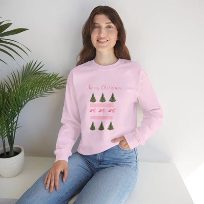 Merry Christmas Pink Ribbon & Trees Crewneck Sweatshirt