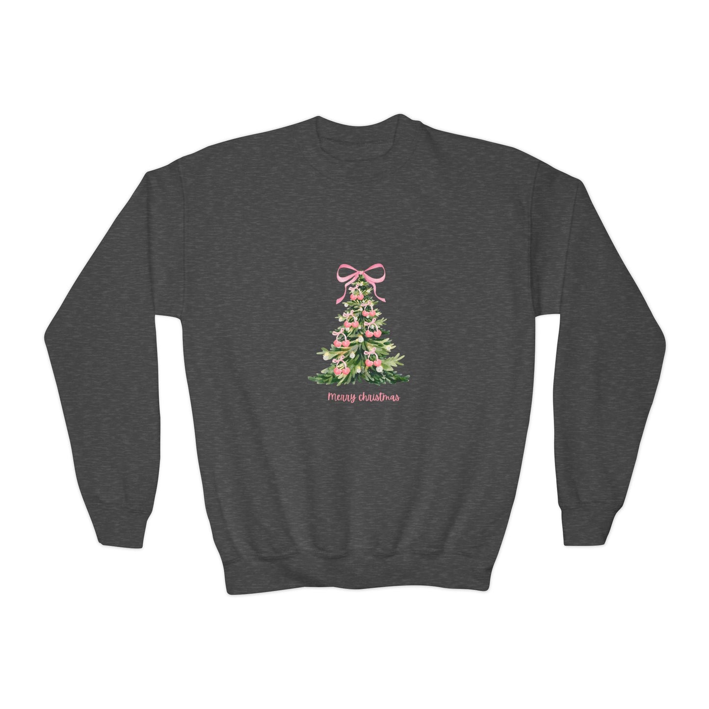 Youth Christmas Crewneck Sweatshirt — Pink Bow Holiday Tree “Merry & Bright”