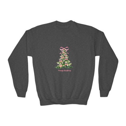 Youth Christmas Crewneck Sweatshirt — Pink Bow Holiday Tree “Merry & Bright”