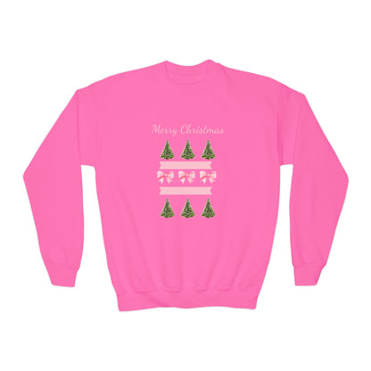 Merry Christmas Pink Ribbon and Trees Crewneck Sweatshirt
