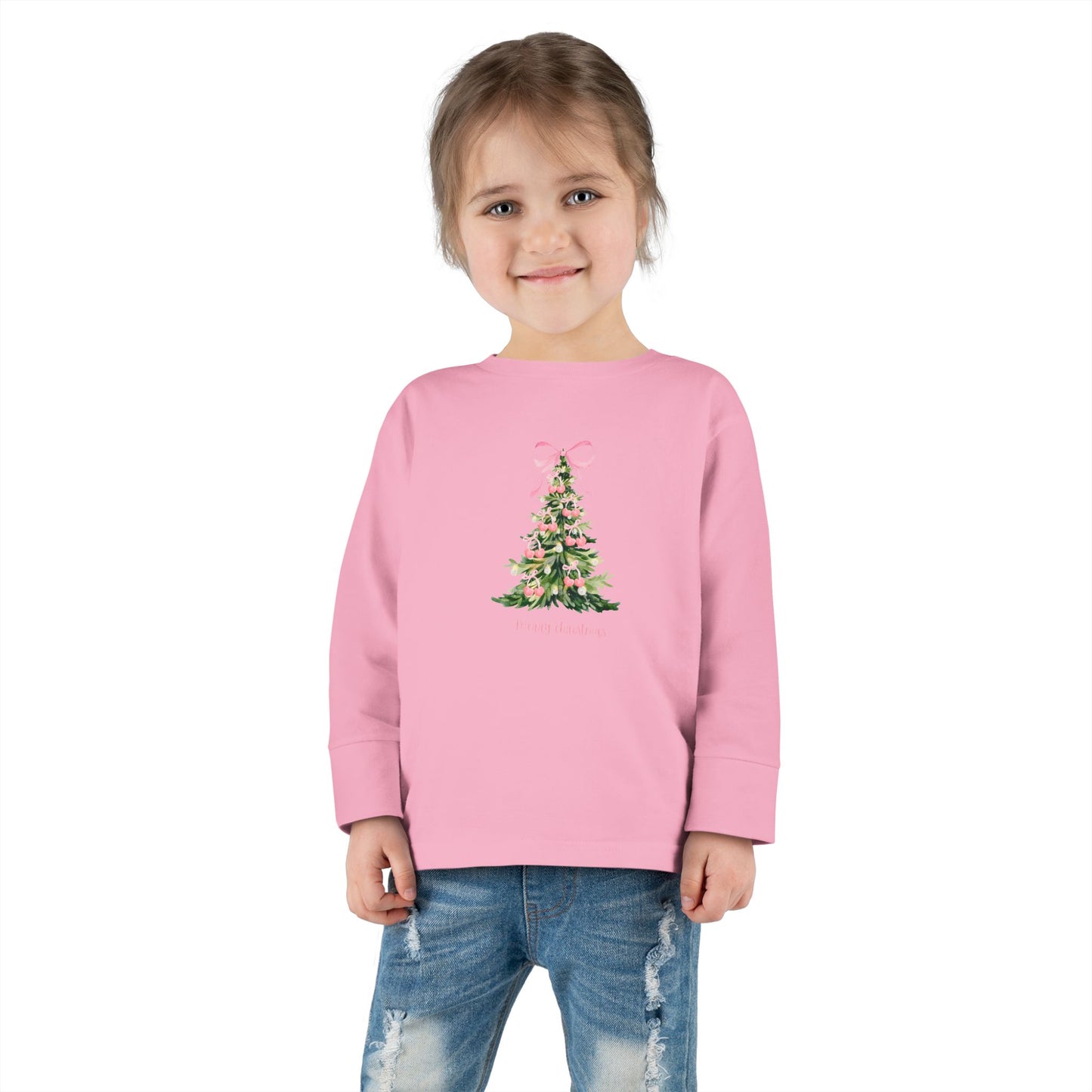 Christmas Tree Pink Cherry Bows Toddler Long Sleeve Tee