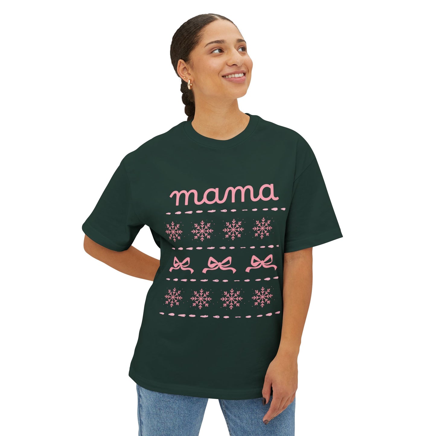 Mama Christmas Pink Bow Tee — Oversized Boxy Mom Shirt