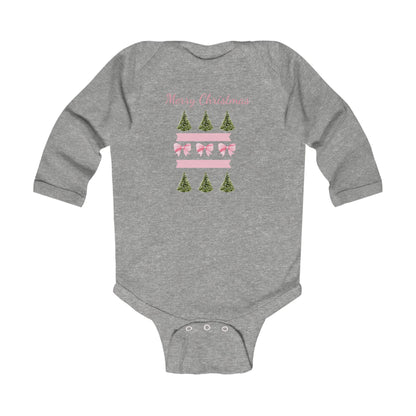 Merry Christmas Pink Ribbon and Trees Infant Holiday Onesie